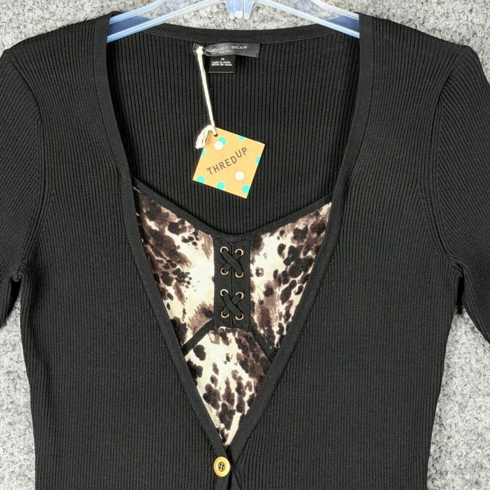 NEW August Silk Women's M Black Ribbed Cardigan Leopard Print Lace Up 2-in-1 Top - Picture 11 of 15